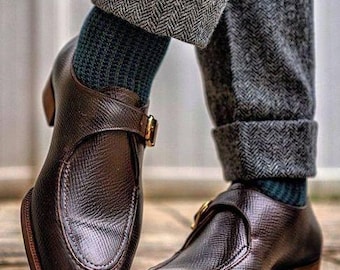 Handmade Burgundy Grain Leather Oxford Monk Strap Dress Shoes