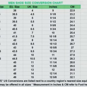 May include: A shoe size conversion chart with a green header titled MEN SHOE SIZE CONVERSION CHART. The table lists US, EU, and UK sizes alongside corresponding measurements in inches and centimeters, ranging from US size 5 to 16.