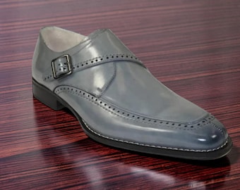 Herren handgefertigte graue Leder Monk Strap Schnalle Schuhe für Männer