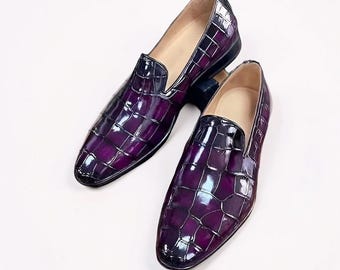 Handmade Men's Purple Crocodile Texture Leather Moccasin Dress Shoes