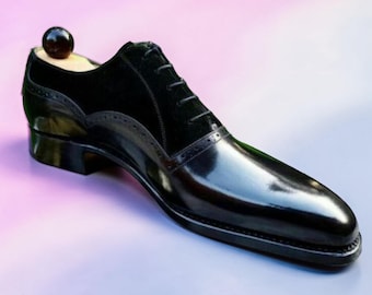 Handgefertigte Herren Schwarz Leder & Wildleder Whole Cut Oxford Kleid Schuhe