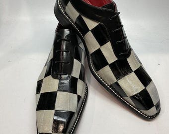 Handgefertigte schwarz-weiß karierte Oxford-Kleidschuhe für Herren - Premium-Leder-Schnürschuhe für formelle Büroschuhe mit quadratischem Muster-Design