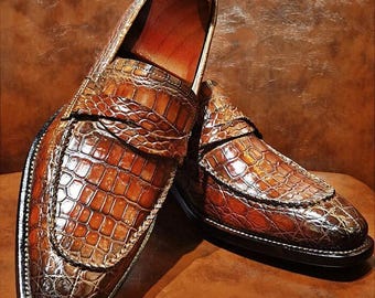 Handgefertigte Alligator Leder Penny Loafers | Rahmengenähte Trachtenschuhe