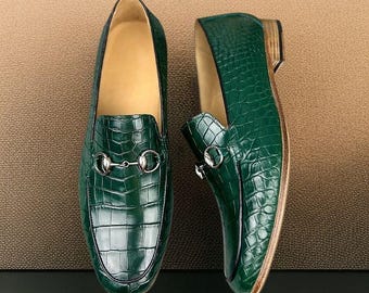 Duca Vasto Herren Grüne Krokodildruck Leder Loafers