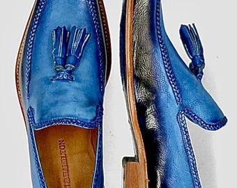 Paul Parkman Herren Schuhe Loafer Quaste Blau Slip-On Handbemalt Handgefertigt