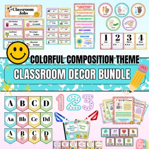 Bearbeitbares farbenfrohes Kompositions-Notebook-Klassenzimmer-Dekor-Bundle, druckbare Grundschuldekorationen, helle Schulanfangposter