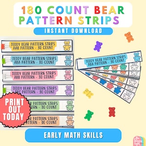Puede incluir: Material educativo con tiras de patrones de osos de peluche para habilidades matemáticas tempranas. La imagen incluye el texto "180 Count Bear Pattern Strips" y "Instant Download". Las tiras están etiquetadas con patrones como AAB, ABA y ABB.
