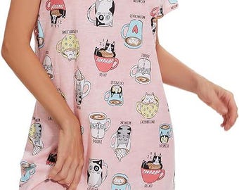 Damesnachthemden van katoen, slaapkleding voor dames, slaapshirt met korte mouwen, schattig patroon, casual slaapjurk