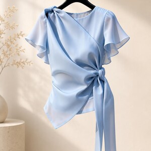 Blusa cruzada azul claro para mujer, top de gasa con lazo frontal, camisa elegante de verano con mangas acampanadas.