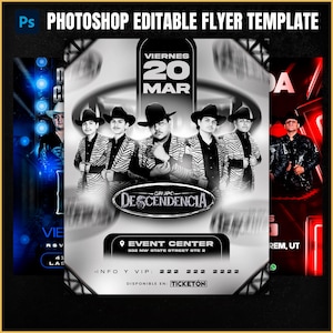 Puede incluir: Una plantilla de volante en blanco y negro con una banda, "Grupo Descendencia." El volante incluye la fecha "Viernes 20 Mar" y detalles del evento. La parte superior del volante dice "PHOTOSHOP EDITABLE FLYER TEMPLATE."