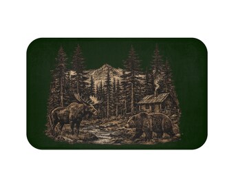 Rustikaler Cabin Bär und Elch Badematte | Waldhütte Badezimmer