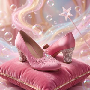 Puede incluir: Un par de zapatos de tacón de satén rosa con punta redondeada, tacón de bloque cubierto de cristales transparentes y un estrás central en forma de lágrima rodeado por un patrón radiante de pequeñas cuentas plateadas y cristales.