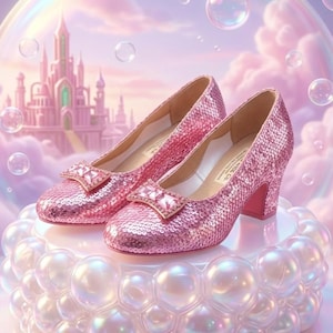 May include: A pair of pink sequined pumps with a rounded toe and a block heel. Each shoe features a rectangular decorative buckle on the vamp adorned with clear crystals. The interior of the shoes includes a visible label with printed text.