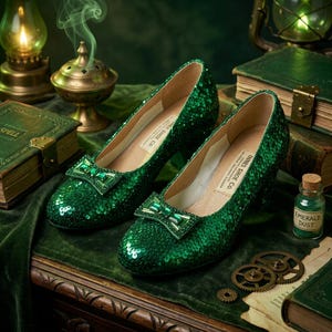 May include: A pair of emerald green sequined pumps featuring a rounded toe and a decorative bow accent on the front. The interior of each shoe includes a white label with the text Innes Shoe Co. printed in black. The exterior is covered in sequins.