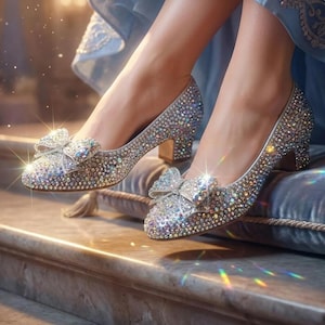 May include: A pair of silver pumps covered in iridescent rhinestones, featuring a rounded toe and a block heel. Each shoe is adorned with a prominent decorative bow on the front, reflecting light with a sparkling, multi-colored effect.