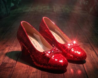 May include: A pair of sparkling red sequined shoes with a bow detail. The shoes have a low heel and are displayed on a wooden surface. The shoes are from the "Morgen Shoe Co." brand.