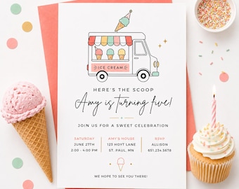 Ice Cream Birthday Invitation, Here's the Scoop Party Invite, Editable Canva Template (Digital Download)