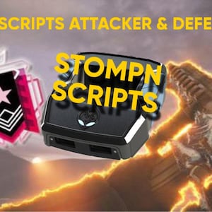May include: Image features a black gaming controller with the text "STOMPN SCRIPTS" in yellow. The phrase "TWO SCRIPTS ATTACKER & DEFENDERS" is above the controller. A pink and black emblem and a weapon are also visible.