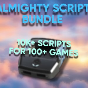 May include: A black gaming controller adapter featuring a small alien head logo on the front. The text ALMIGHTY SCRIPT BUNDLE and 10K+ SCRIPTS FOR 100+ GAMES is displayed in light blue letters over a blurred background of a sunset sky with clouds.
