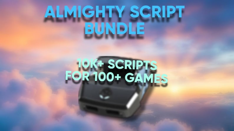 Puede incluir: Un adaptador de mando de juego negro con un peque&ntilde;o logotipo de cabeza de alien&iacute;gena en la parte frontal. El texto ALMIGHTY SCRIPT BUNDLE y 10K+ SCRIPTS FOR 100+ GAMES aparece en letras azul claro sobre un fondo borroso de cielo al atardecer.