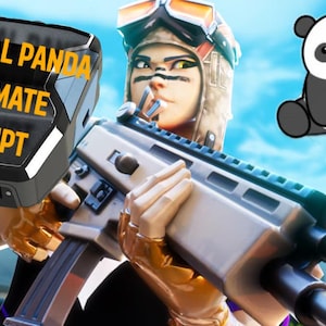 Pode incluir: Imagem de uma pessoa segurando uma arma de fogo, com um dispositivo preto e cinza com a etiqueta "LEATHAL PANDA ULTIMATE SCRIPT". Há também um panda de desenho animado. O fundo inclui um céu azul e árvores verdes.