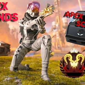 May include: A digital illustration of a futuristic soldier kneeling and aiming a golden gun. The text "APEX LEGENDS" and "APEX PRO AIM SCRIPT" are displayed. A black device and a red and gold emblem are also visible.