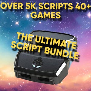 May include: A black and silver electronic device with the text "THE ULTIMATE SCRIPT BUNDLE" in yellow. The background is a colourful galaxy with the text "OVER 5K SCRIPTS 40+ GAMES" in yellow.