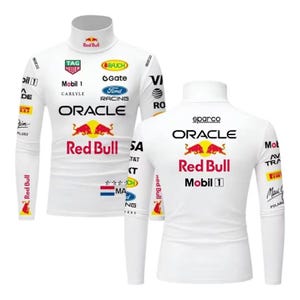 May include: White long-sleeve shirt with a mock neck collar. The shirt features multiple sponsor logos, including "Red Bull," "Oracle," and "Mobil 1." The front and back of the shirt are visible, showcasing the design.