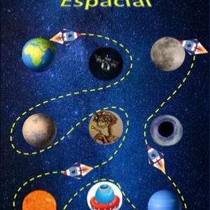 Könnte beinhalten: Ein Kinderspiel mit Weltraum-Thema. Das Spielbrett zeigt Planeten, Raketen und den Text "Aventura Espacial" und "De la Tierra a la Luna!" vor einem Sternenhintergrund. Für 4-8 Spieler im Alter von 4-6 Jahren, Spieldauer 45 Minuten bis 1 Stunde.