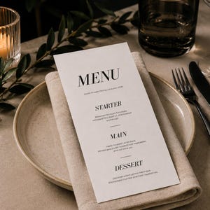 Minimalistisk menymall för middagsbjudning | Privat kockmeny Canva DL A5 | Modernt elegant menykort för evenemang