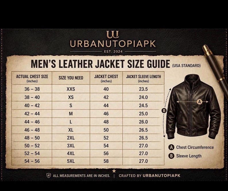 May include: A leather jacket size guide chart by URBANUTOPIAPK featuring a table with columns for actual chest size, size, jacket chest, and sleeve length in inches. A black leather jacket illustration shows measurement points A and B.