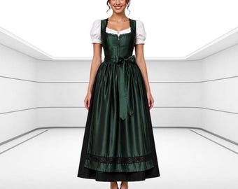 Vestido Dirndl verde esmeralda, vestido largo de seda estilo Oktoberfest alemán con delantal.