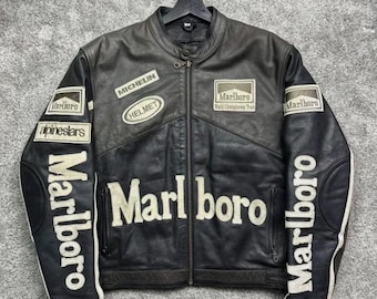 Chaqueta de carreras de cuero negro Marlboro vintage, estilo F1 Moto Bomber, desgastada.