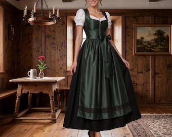 Emerald Green Silk Dirndl Dress with Lace Apron – Authentic Bavarian Maxi Trachten