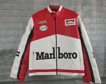 Chaqueta de cuero vintage Marlboro para carreras, roja y blanca, estilo F1 Moto Bomber, bordada.