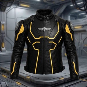 Könnte beinhalten: Eine schwarze Lederjacke mit leuchtend gelben Paspelierungen, einem Stehkragen mit Druckknöpfen und einem silberfarbenen Emblem auf der Brust, das einen Totenkopf mit Flügeln zeigt. Schultern und Ärmel haben geformte Einsätze und Totenkopfdetails.