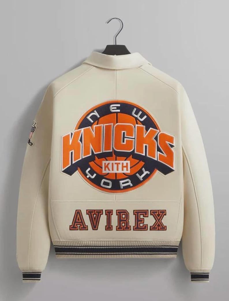 Chaqueta universitaria de cuero de los New York Knicks, estilo retro bomber de Kith Avirex imagen 1