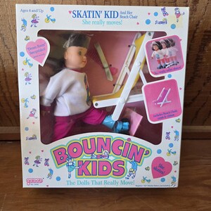 May include: A boxed vintage "BOUNCIN' KIDS" doll set. The box features a doll wearing a white sweatshirt and pink pants, with roller skates. The box also includes a beach chair and the text "SKATIN' KID".
