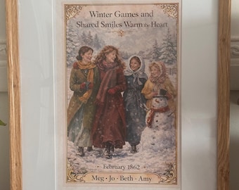 Ilustración invernal vintage – Arte mural de amistad – Decoración acogedora estilo cottagecore – Lámina nostálgica femenina – Regalo para ella