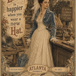 Op de afbeelding: Vintage advertentie met een vrouw in een witte kanten jurk en blauwe fluwelen jas. De tekst luidt: "Het leven is gelukkiger als je een nieuwe hoed draagt." Reclame voor O'Hara Lumber Company, Atlanta, Georgia, Lente 1871.