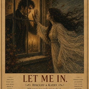 May include: A vintage lithograph print depicting a man and woman separated by a window. The woman reaches out, and the man touches the glass. The text reads "Let Me In" and "Hiscliff & Kathy". The print has a sepia tone.