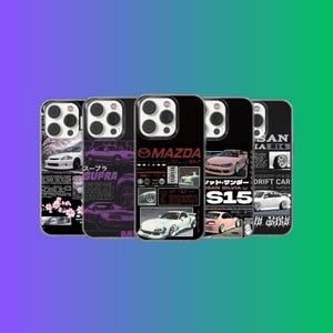 May include: Five phone cases with car-themed designs. The cases feature images of cars, Japanese text, and the Mazda RX-7 logo. The colour palette includes black, white, purple, and pink, with a gradient background.