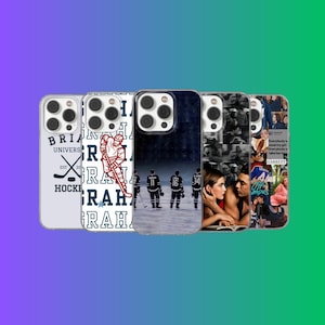 May include: A collection of five phone cases with various designs. One case features a hockey-themed graphic with the text "BRIA UNIVERSITY HOCKEY". Other cases display images of hockey players, a black and white collage, and a couple.