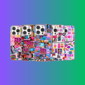 May include: A collection of five phone cases with vibrant, colorful designs. Each case features a unique collage of graphics, including text, cartoon characters, and various objects. The cases are set against a gradient background of purple and green.