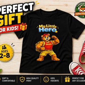 My Little Hero Kids T-Shirt| Brave Bear Toddler Tee|Back to School Outfit| Superhero Bear Shirt for Boys|Cute Strong Bear Graphic Tee