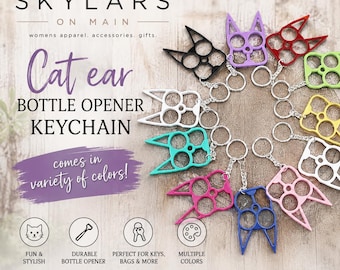 Cat ear bottle opener keychain comes in variety of colors