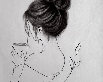 Minimalist Line Art Girl | Coffee & Botanical Portrait | Graphite Drawing | Aesthetic Feminine Wall Art | Original Artwork