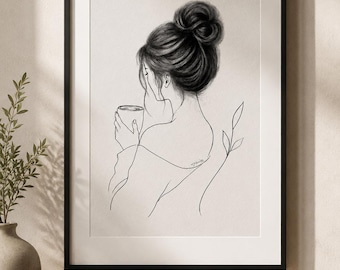 Ritratto minimalista di ragazza in stile line art / Disegno botanico a carboncino, opera d'arte femminile da parete