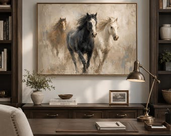 Large Running Horse Canvas for Farmhouse Living Room Bedroom Decor, Rustic Equestrian Wall Art, Three Horses Oil Painting