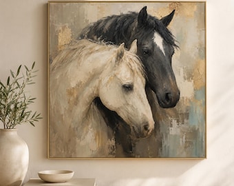 Black and White Horses Oil Painting, Rustic Equestrian Wall Art, Hand Painted Farmhouse Decor